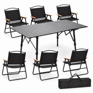 Black adjustable aluminum camping table with six black folding armchairs and a table storage bag on white background