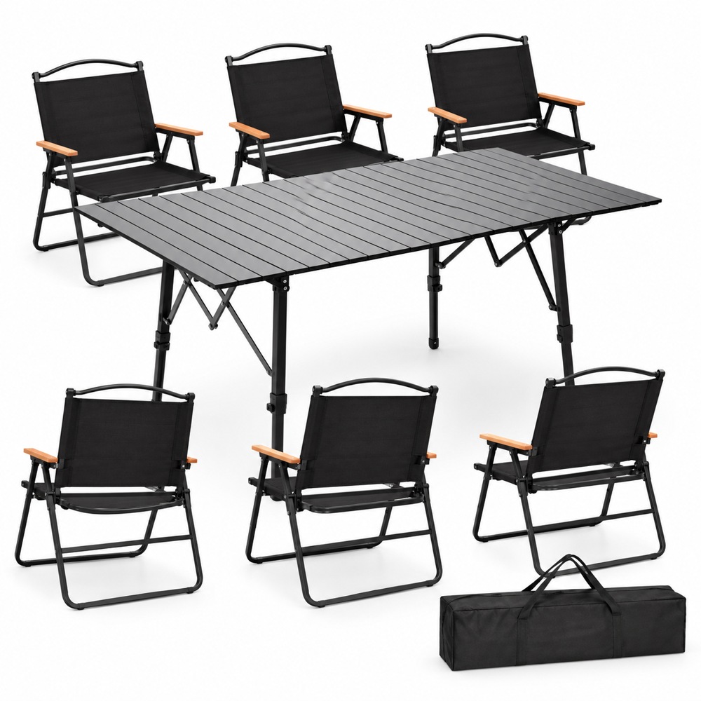 Black adjustable aluminum camping table with six black folding armchairs and a table storage bag on white background