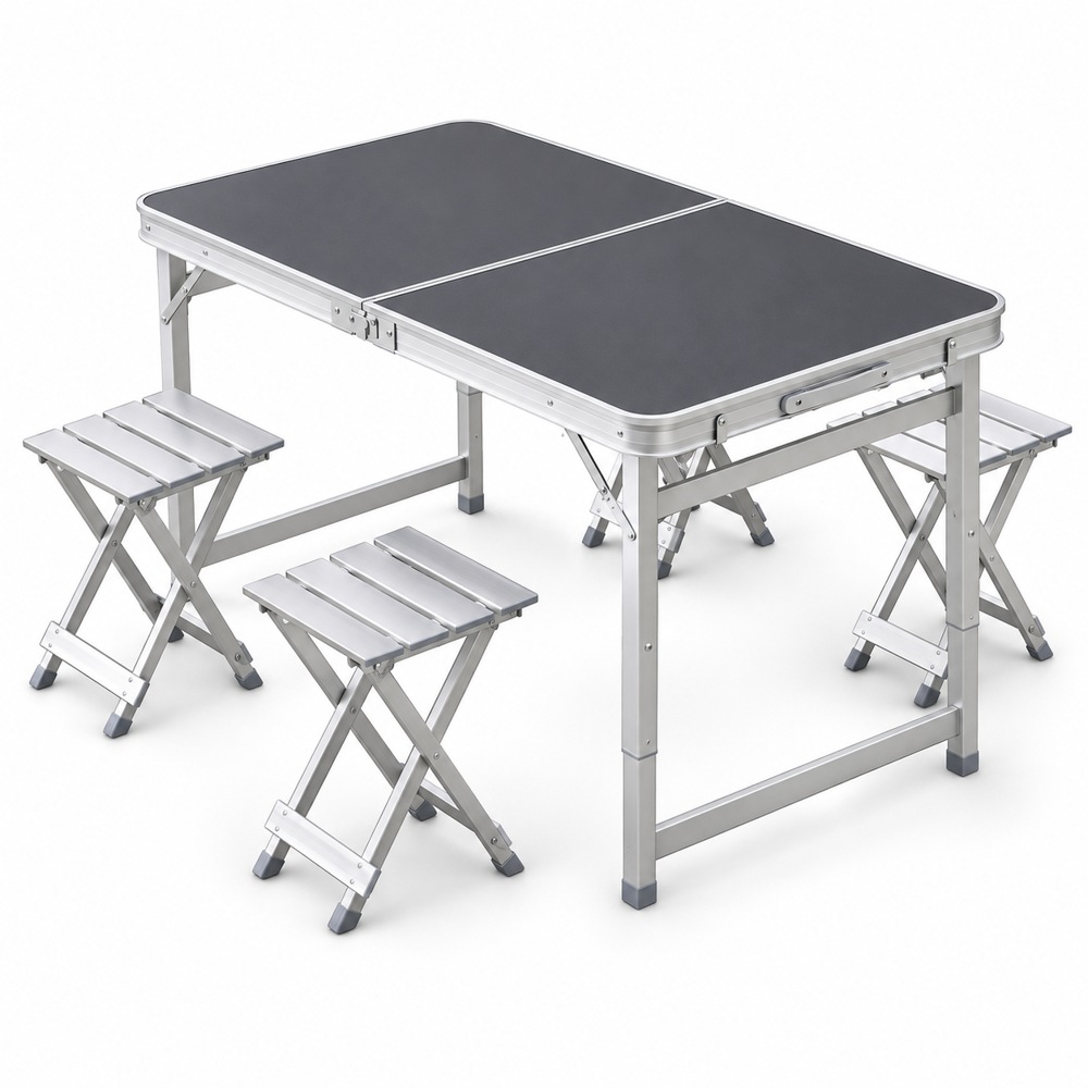 Dark gray folding camping table and silver metal folding stools on a white background