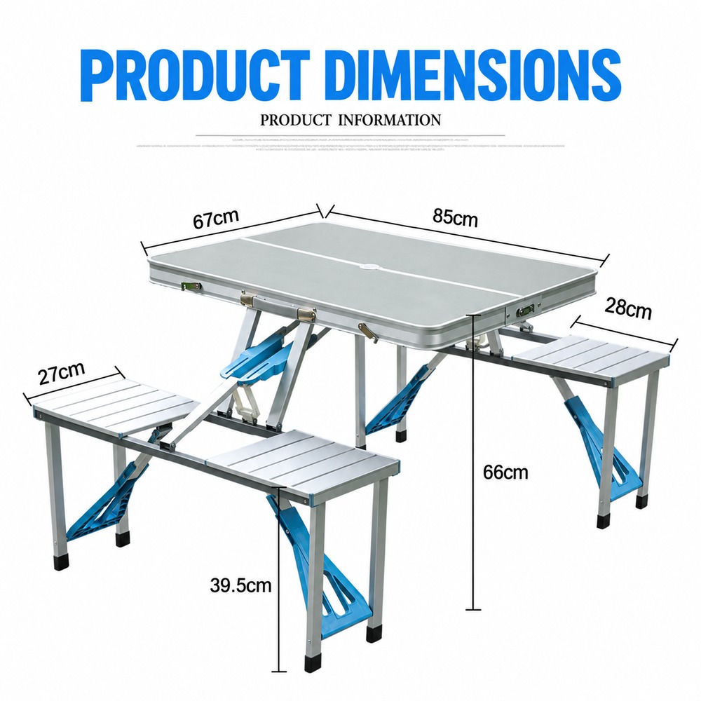 Folding picnic table dimensions: tabletop 85 by 67 cm, table height 66 cm, seat height 39.5 cm