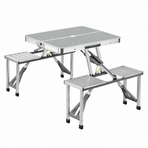 Silver folding picnic table with four integrated seats and aluminum alloy frame on a white background