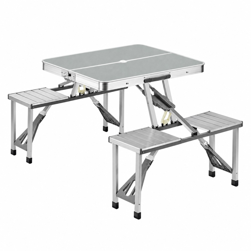 Silver folding picnic table with four integrated seats and aluminum alloy frame on a white background