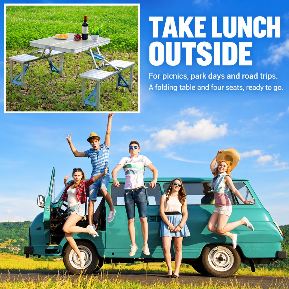 Folding picnic table outdoors with a road trip lifestyle scene and English product captions
