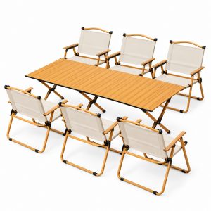 Golden wood-grain-look roll-top camping table with six beige folding armchairs on white background